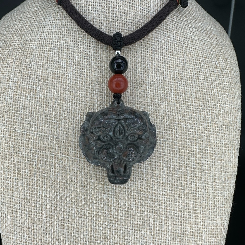 Yooperlite Tiger Pendant Necklace; Red Jasper and Onyx on Brown and Black Rope - Picture 9 of 10